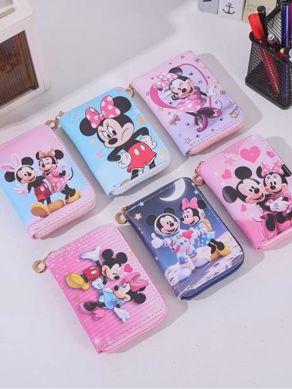 Bundle (6) Disney Kids Minnie & Mickey Small Zip Wallets - Pink, Blue, Purple